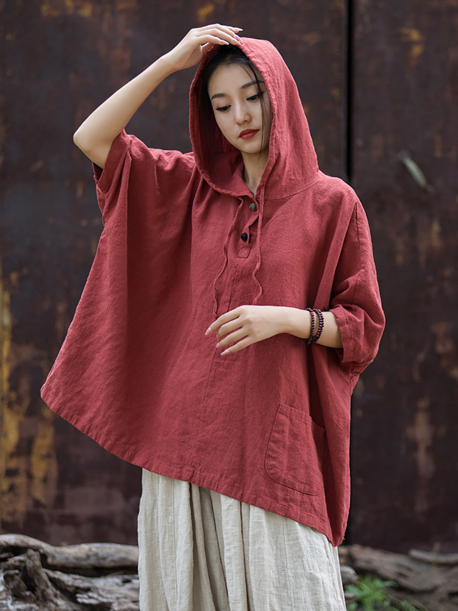 Women Summer Retro Solid Loose Hooded Ramie Shirt CC045 BXF