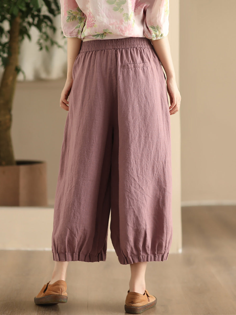 Women Summer Vintage Solid Linen Wide-leg Pants FD038 ZMMM