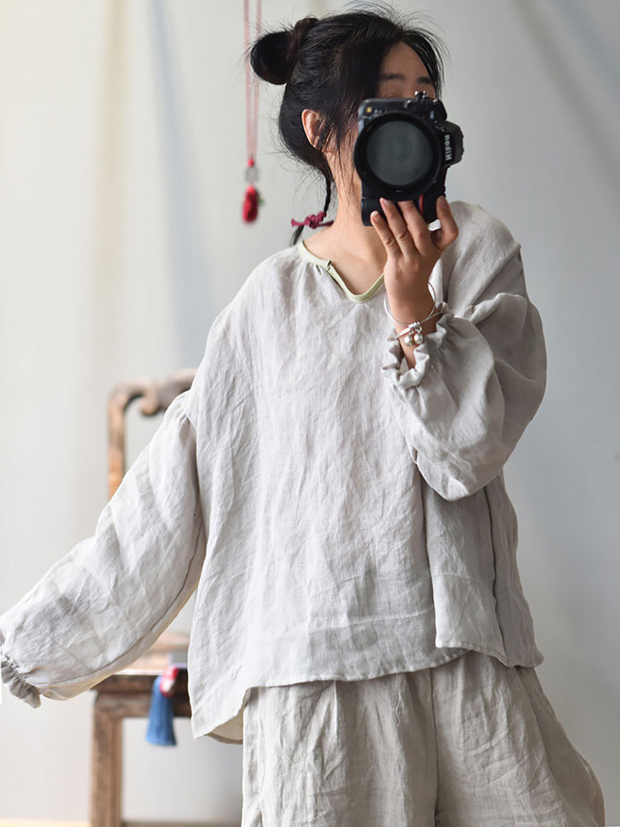 Women Spring Retro V-Neck Puff Sleeve Shirt AV1037 Genistyle Shop