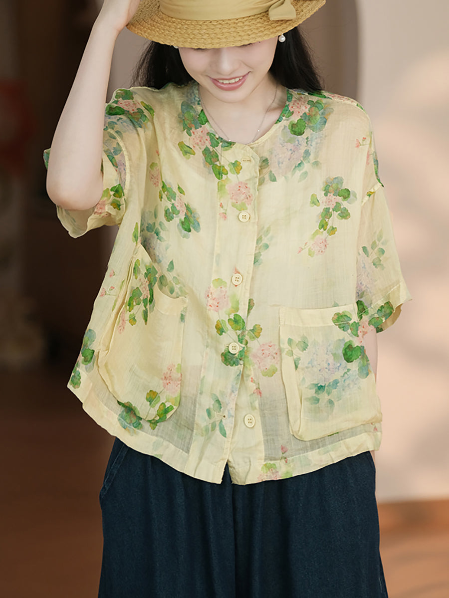 Women Summer Artsy Flower Button-up Pocket Ramie Shirt CC047 LPP