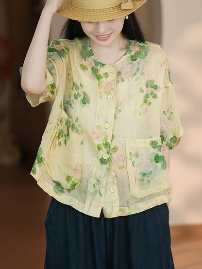 Women Summer Artsy Flower Button-up Pocket Ramie Shirt CC047 LPP
