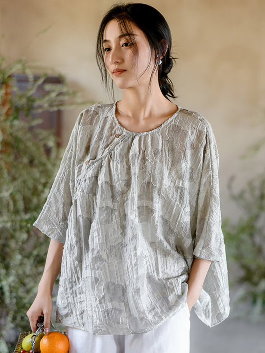 Women Summer Vintage Print O-Neck Button Loose Shirt II1009 BUYKUD