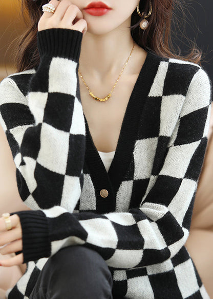 Stylish Coffee V Neck Plaid Woolen Loose Coat Fall QC047 shopify