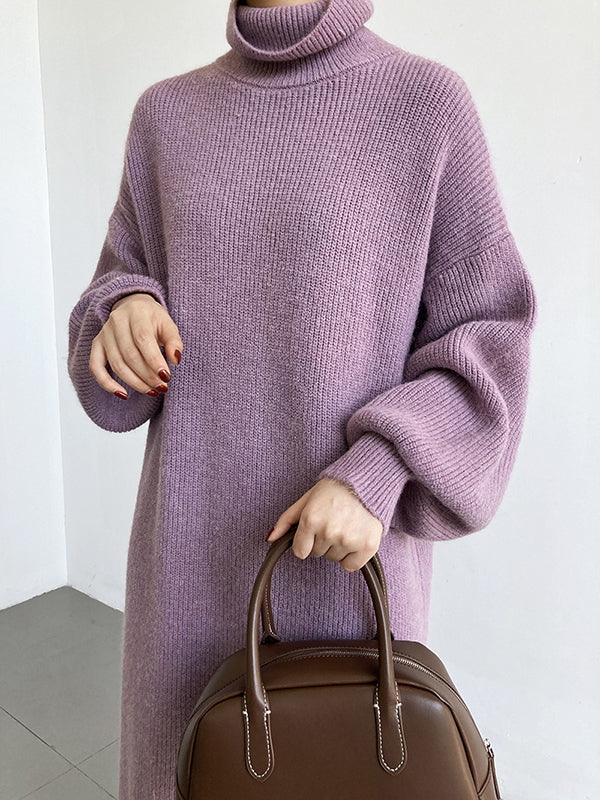 Urban Loose Purple High-Neck Long Puff Sleeve Sweater Dress AN1052 Genistyle Shop