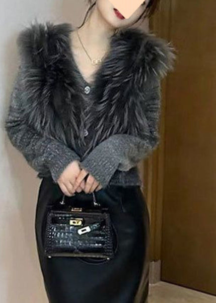 Art Grey V Neck Fur Collar Cotton Knit Sweater Winter WV027 ABC