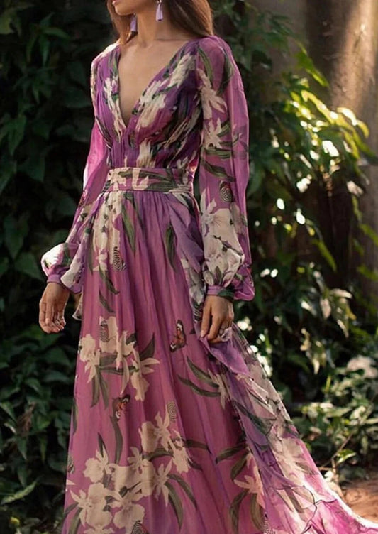 Floral Maxi V Pattern Neck Elegant Dress Butterfly FashionChic