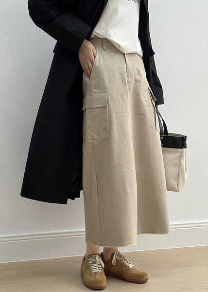 Fine Khaki Pockets High Waist Side Open Cotton Skirt Fall QC024 shopify