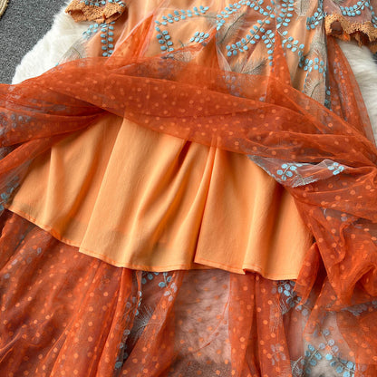 Italian Orange V-Neck Embroidery Tulle Long Sleeve Dress AR1005 shopify