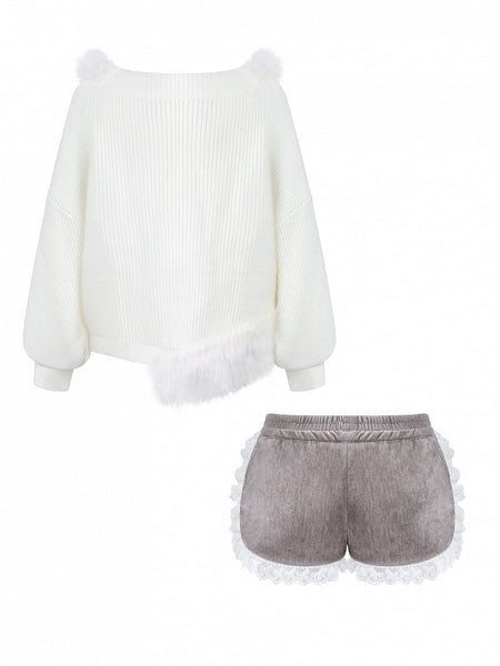 Kawaii - Decor with Bone Brooch Plush Sweater Accents Off-Shoulder Daily White Puppy FashionChic