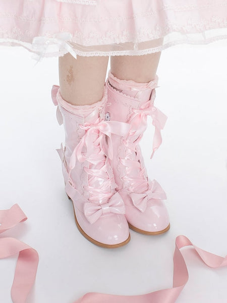 PU Lolita Leather Pink with Bow Boots Mid-Heel Detail Sweet Polished FashionChic