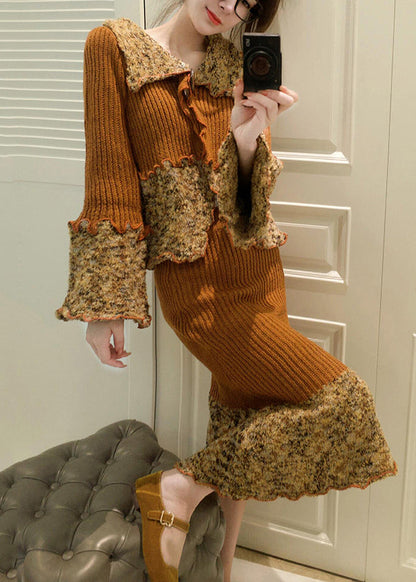 French Peter Pan Collar Print Patchwork Cotton Knit Cardigans And Maxi Skirts Two Pieces Set Fall WV023 ABC