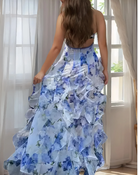 Bohemian Blue Ruffled Print Tulle Spaghetti Strap Dress Sleeveless BB046 Hawaii-SDL240622