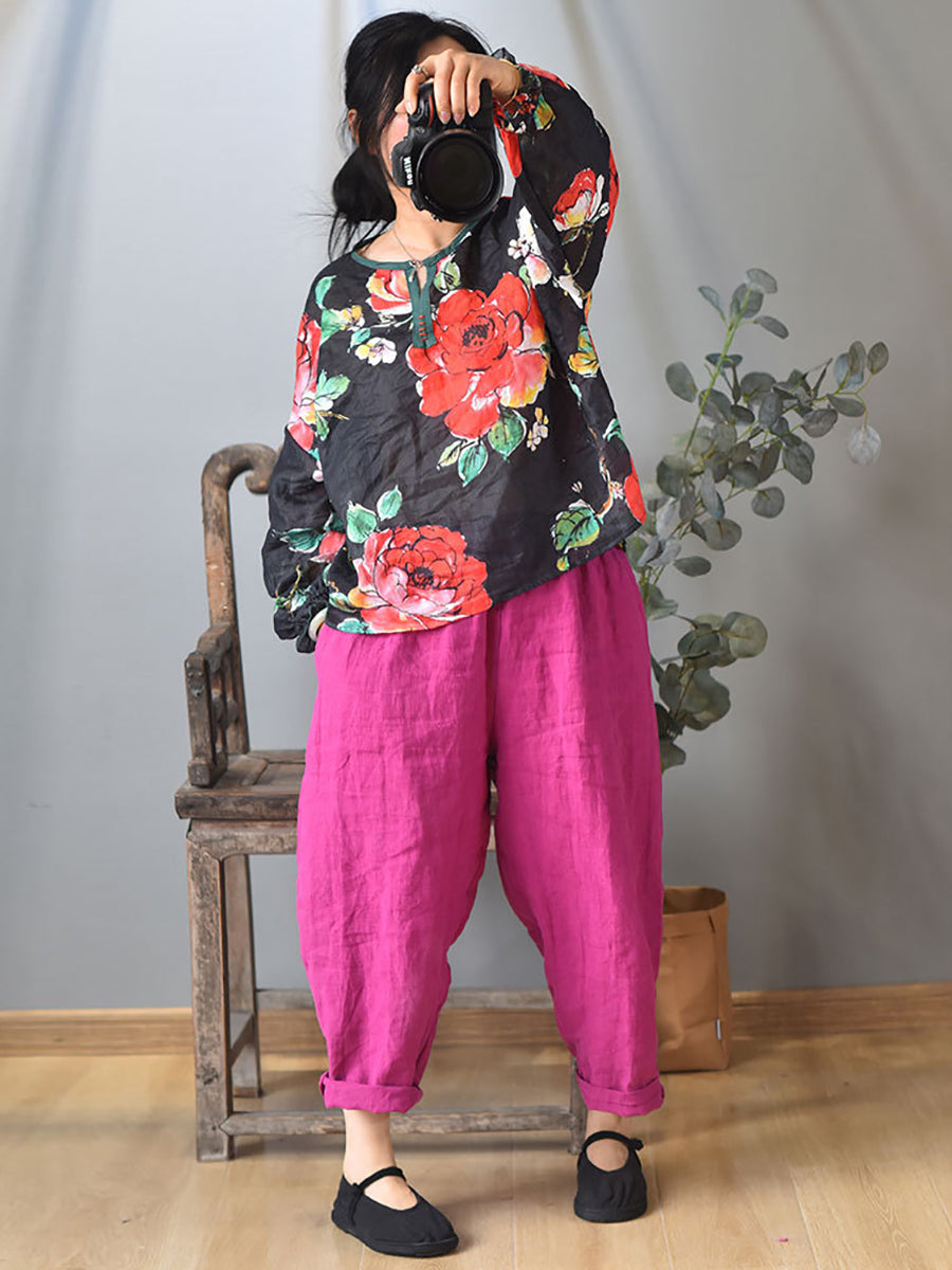 Women Ethnic Spring Flower Print V-Neck Shirt LL060 QYMM