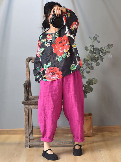 Women Ethnic Spring Flower Print V-Neck Shirt LL060 QYMM