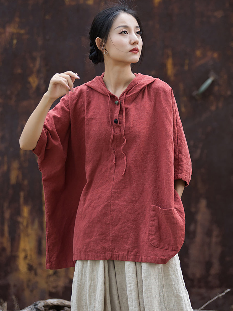 Women Summer Retro Solid Loose Hooded Ramie Shirt CC045 BXF