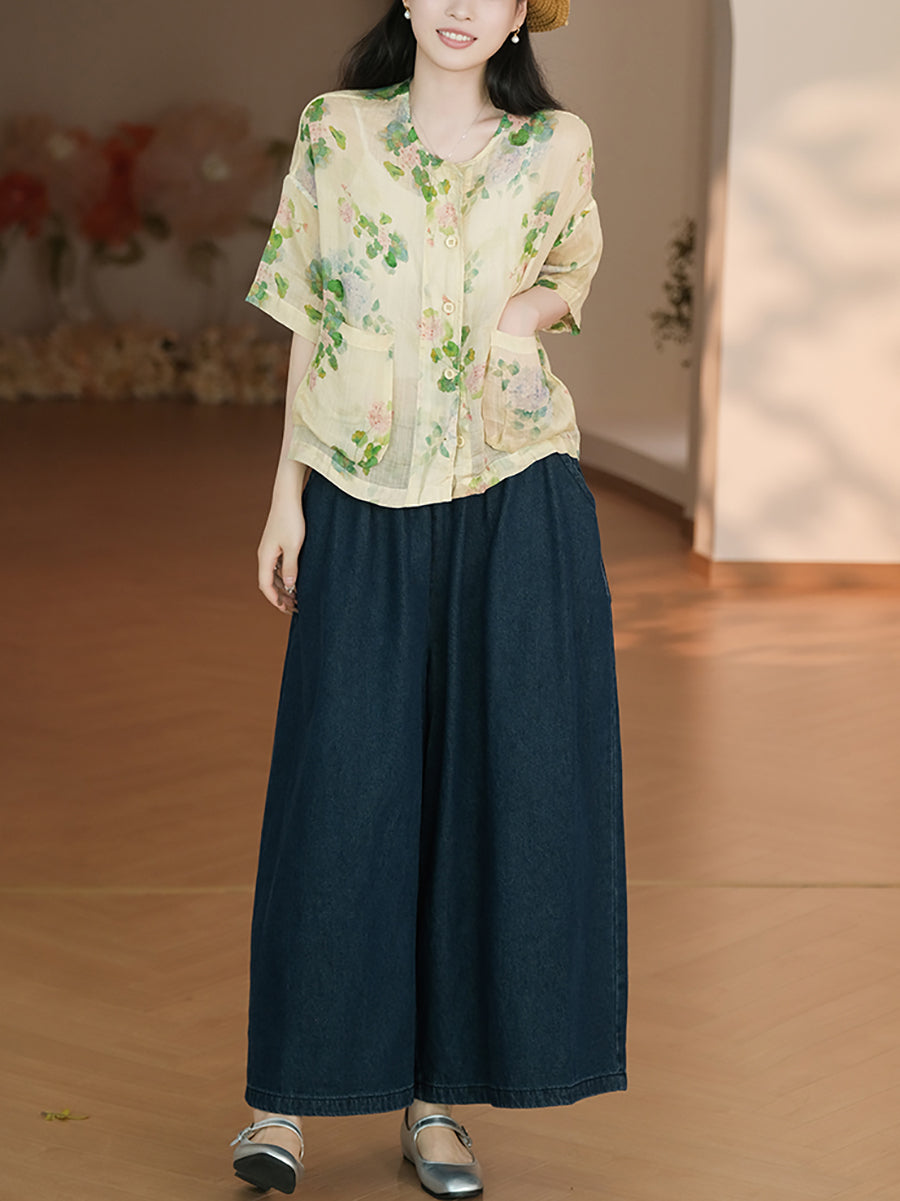 Women Summer Artsy Flower Button-up Pocket Ramie Shirt CC047 LPP