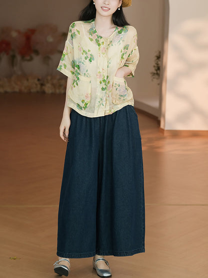 Women Summer Artsy Flower Button-up Pocket Ramie Shirt CC047 LPP