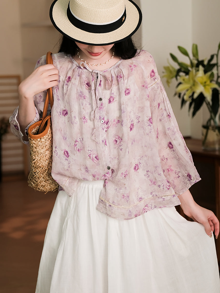 Women Summer Vintage Flower Button-Up Ramie Shirt RR1013 BUYKUD