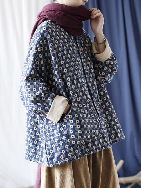 Women Artsy Retro Plaid Spliced Batwing Sleeve Coat AT1077 XIM