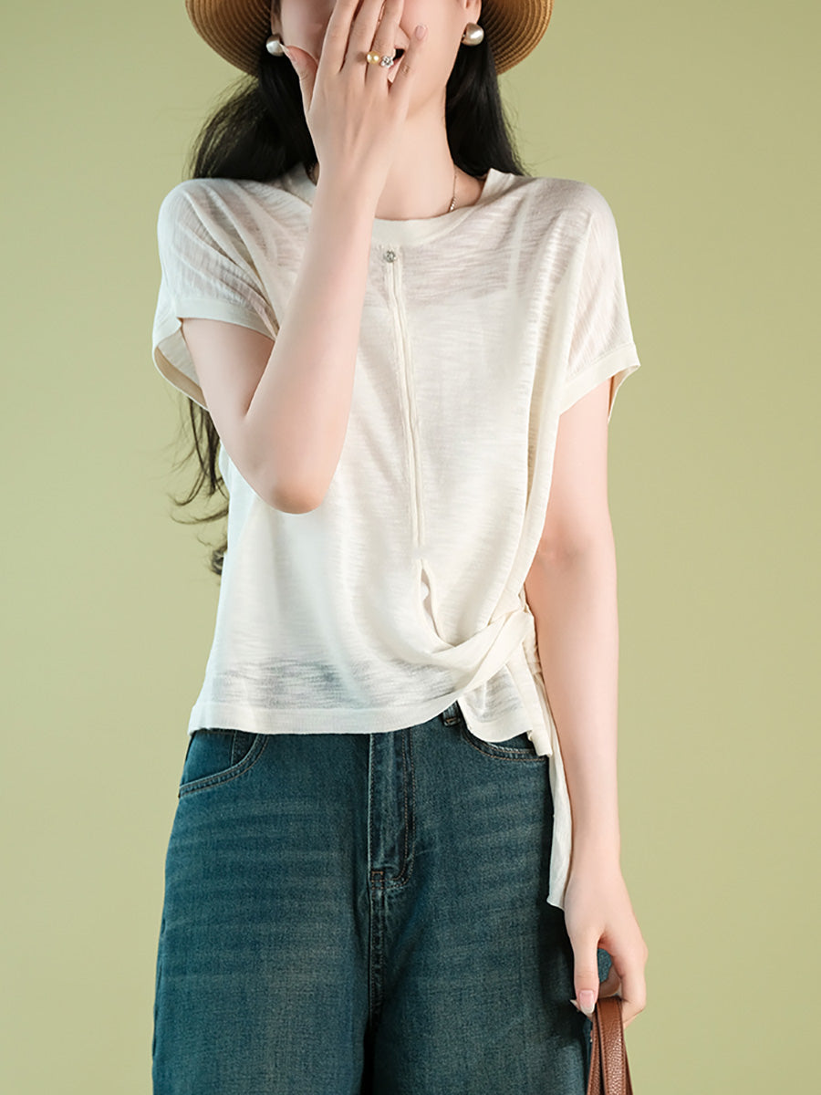 Women Summer Artsy Strap O-Neck Solid Shirt CX005 BUYKUD