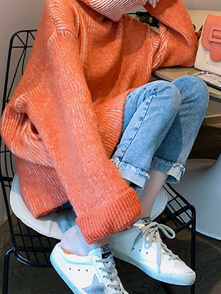 Design Loose Blue Contrast Color High-Neck Long Sleeve Sweater AN1054 Genistyle Shop