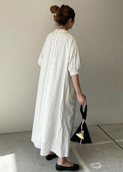 Navy Back Zippered Dress Half Women Cotton Maxi Sleeve FashionChic