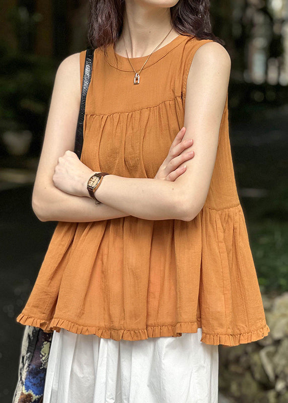 Loose Orange Wrinkled Lace Up Cotton Top Sleeveless AF1089 HS-STP240914