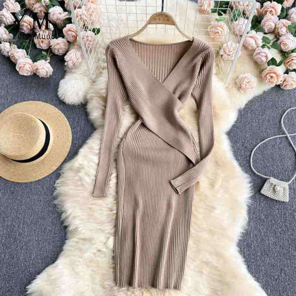 Sexy Pink V-neck Cross Slim Waist Long Sleeve Knit Sweater Dress AR1018 shopify