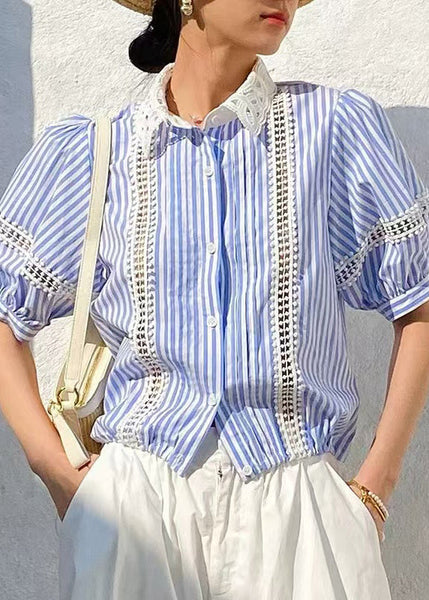 Out Blue Striped Cotton Summer Hollow Fashion Blouses FashionChic