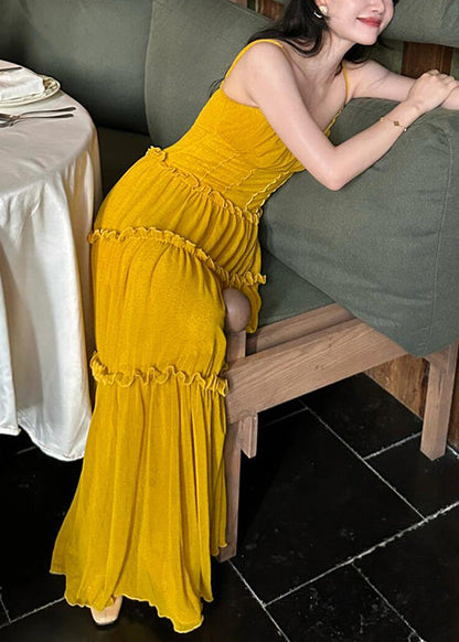 Yellow Ruffled New Cotton Dress Spaghetti Solid Strap Sleeveless FashionChic