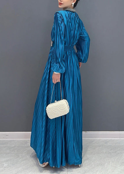 Elegant Blue V Neck Wrinkled Maxi Dress Long Sleeve AO1037 JDML-FDL240909