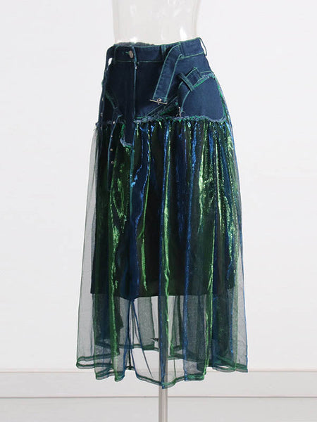 Denim Shiny Waisted Skirt A-Line Green Belted Chic High Tulle FashionChic