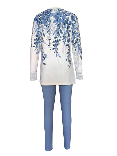 Chic Lace-Trimmed Two-Piece Set: Comfy Crew Neck Top & Sleek Skinny Pants for Every Occasion Furdela