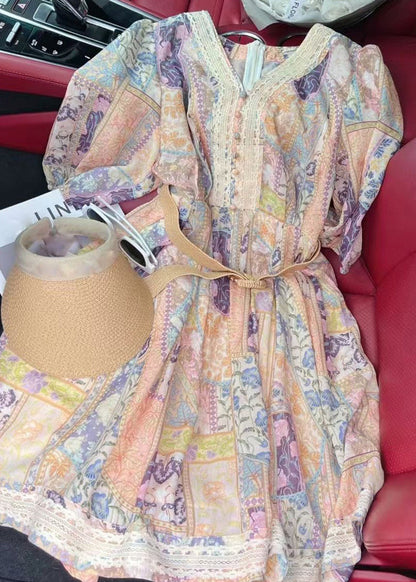 Chic V Neck Print Sashes Mid Dress Half Sleeve QP054 OL-SDM241001