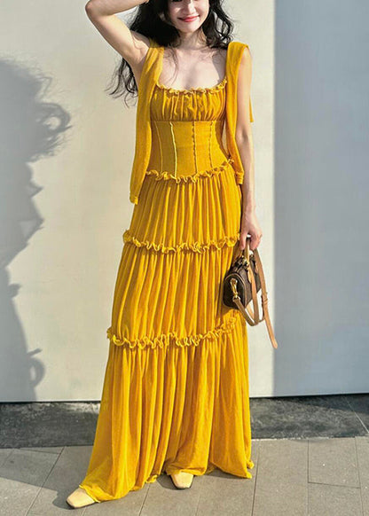 Yellow Ruffled New Cotton Dress Spaghetti Solid Strap Sleeveless FashionChic
