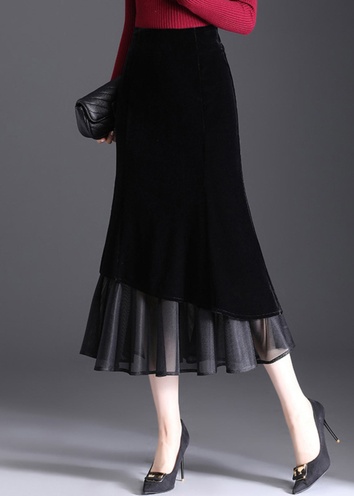 Elegant Black Zippered Elastic Waist Velvet Fishtail Skirts Spring RV003 ABC