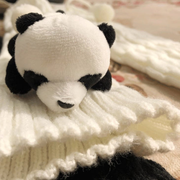 Decorated Cable Leg Warmers Black Pom-Pom Panda White Creamy Brooch + Knit Set / FashionChic