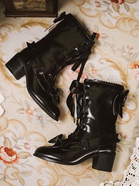 Embellishments Boots Mid-Heel - Sweet Black Bow FashionChic