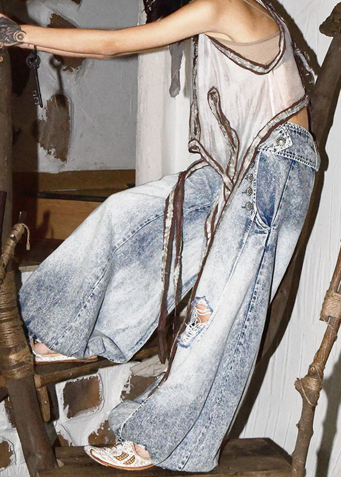 Pants Spring Wide Blue Leg Denim Style Light Waist High Ripped FashionChic