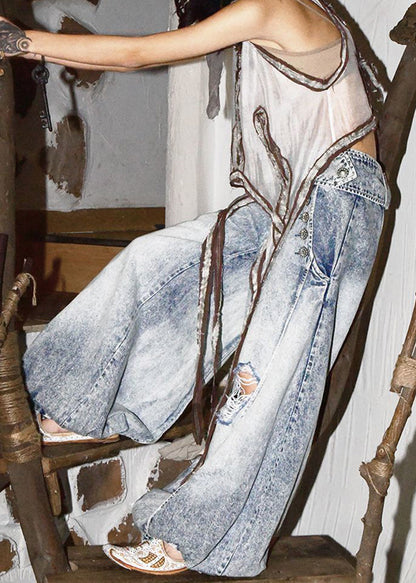 Pants Spring Wide Blue Leg Denim Style Light Waist High Ripped FashionChic