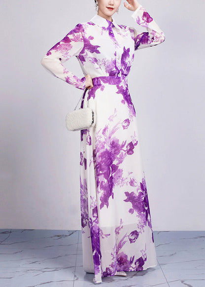 Beautiful Purple Peter Pan Collar Print Chiffon Maxi Dresses Long Sleeve AR1029 JDML-240823