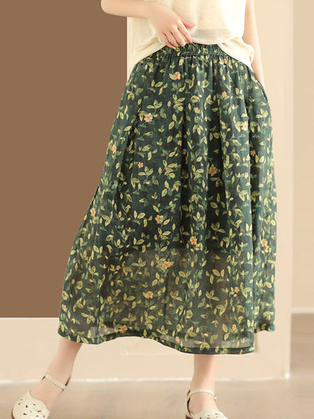 Women Artsy Summer Flower Ramie A-shape Skirt CO1025 Ada Fashion