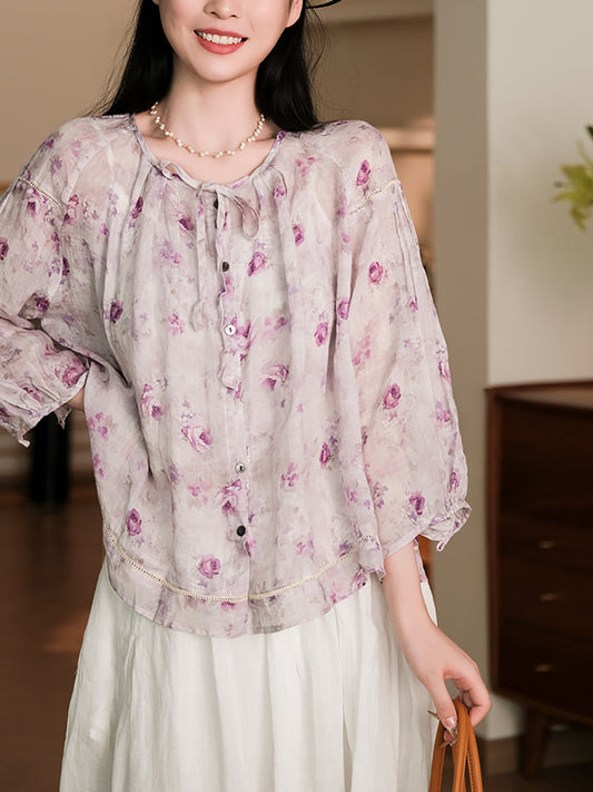 Women Summer Vintage Flower Button-Up Ramie Shirt RR1013 BUYKUD