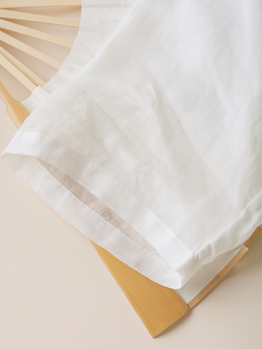 Women Summer Casual Split Hem Print O-Neck Ramie Shirt LL042 BUYKUD