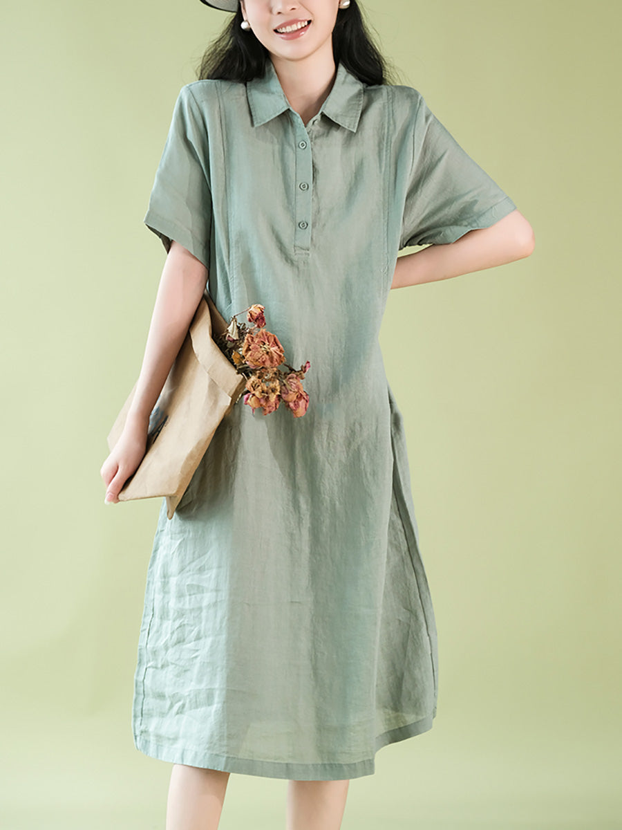 Women Summer Casual Solid Polo Collar 100%Ramie Dress CX056 ZMMM