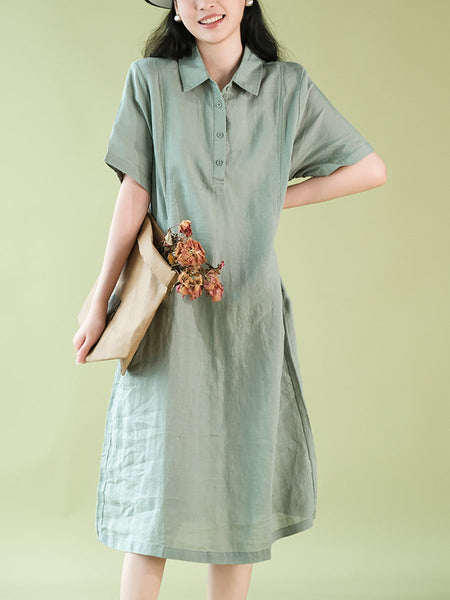 Women Summer Casual Solid Polo Collar 100%Ramie Dress CX056 ZMMM