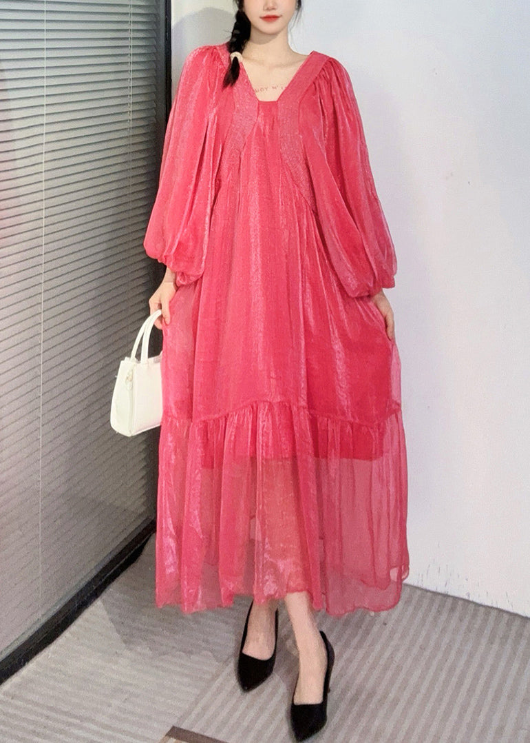 Summer New Watermelon Red V Neck Wrinkled Puff Sleeve Long Dress AO1050 JDML-FDL240909