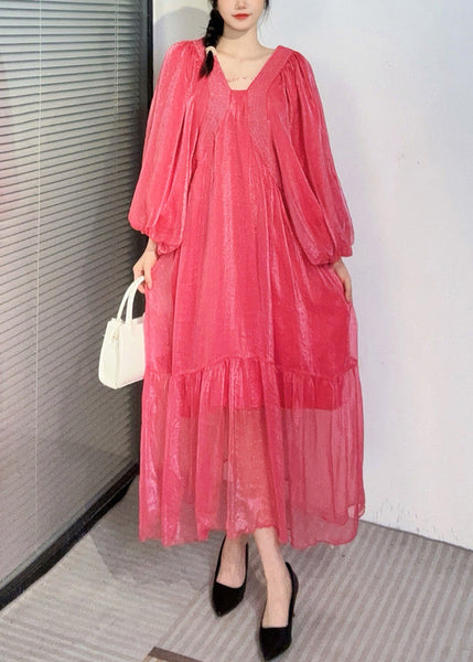 Summer New Watermelon Red V Neck Wrinkled Puff Sleeve Long Dress AO1050 JDML-FDL240909