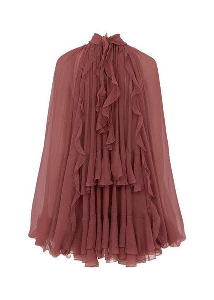 Chiffon Patchwork Tops Brick French Fall Ruffled Shirt Red FashionChic