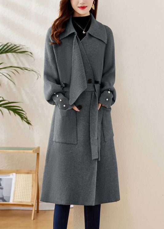 Elegant Grey Peter Pan Collar Tie Waist Knit Coats Winter WD028 OL-NCT241103